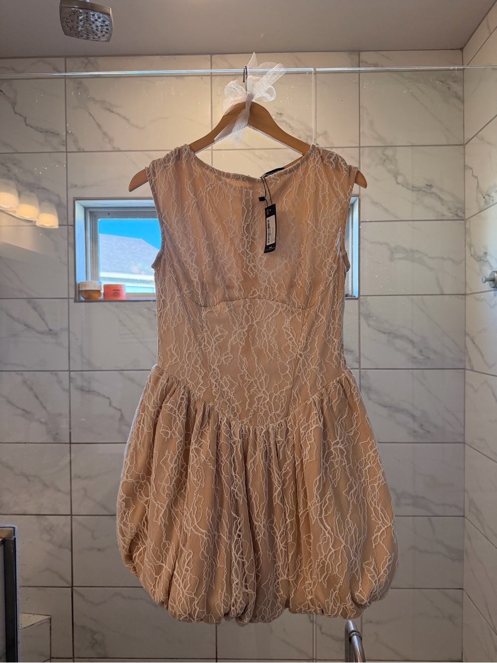PrettyLittleThing Nude Lace Bubble Hem Mini Dress